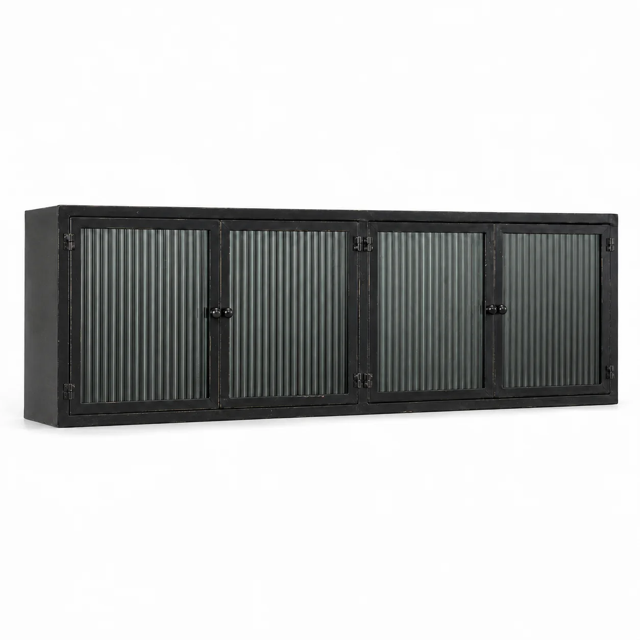 Vintage Industrial Wall Mounted Cabinet with Fluted Glass Doors, Distressed Black Metal Storage Shelf for Kitchen Living Room