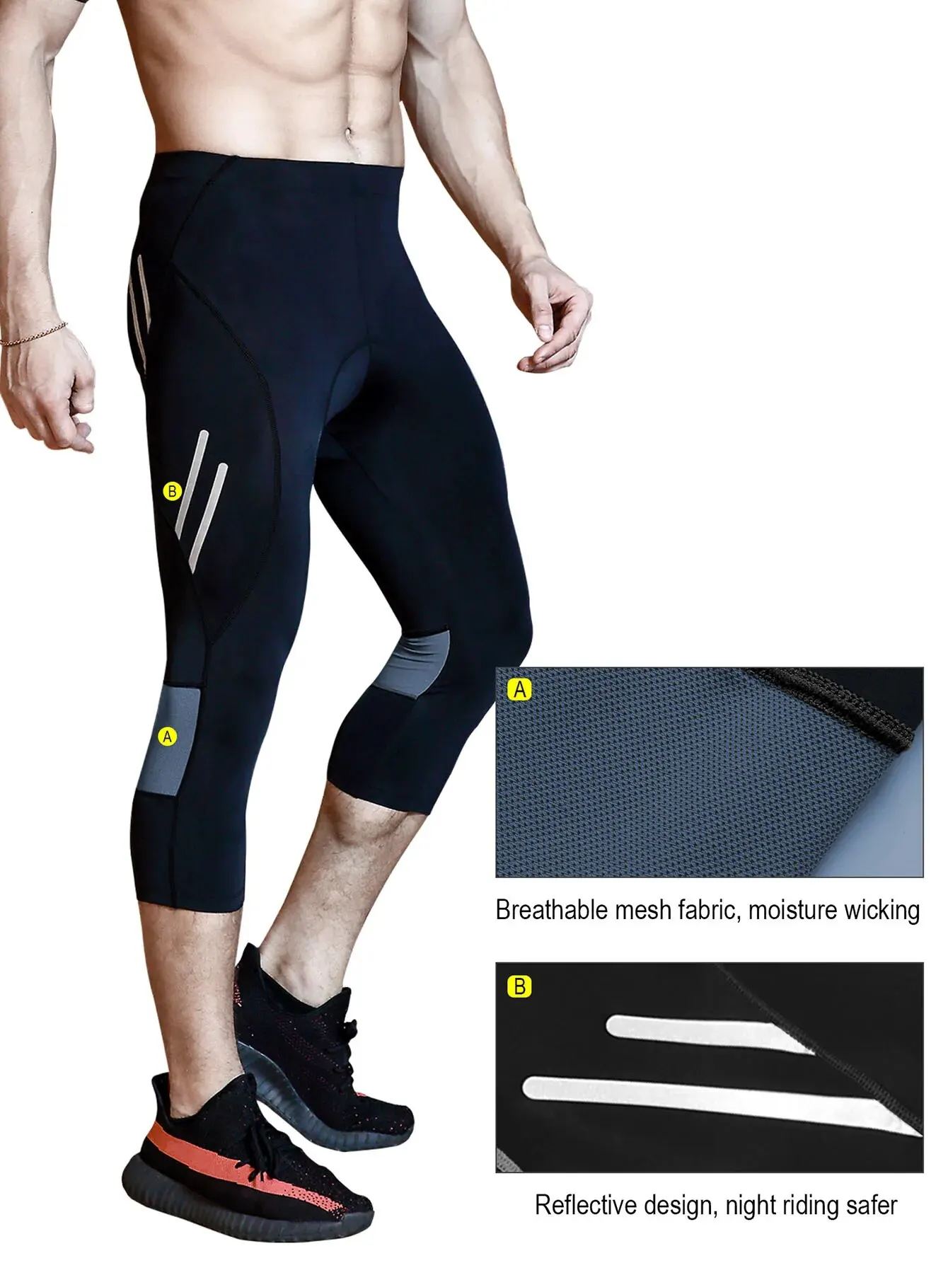 Men Cycling Cropped Pants Moisture Wicking Breathable Gel Padded Bike Active Wear Sweatpants