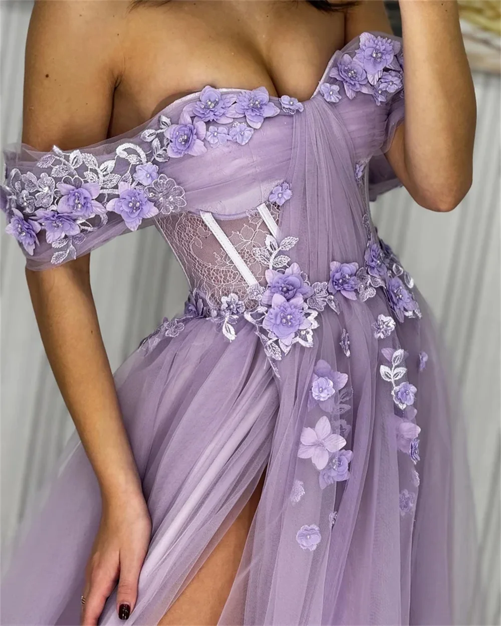 Cathy Lavender Tulle Wedding Dress Off the Shoulder A-line فساتين سهرة Elegant Sleeveless Side High Split vestidos de fiesta