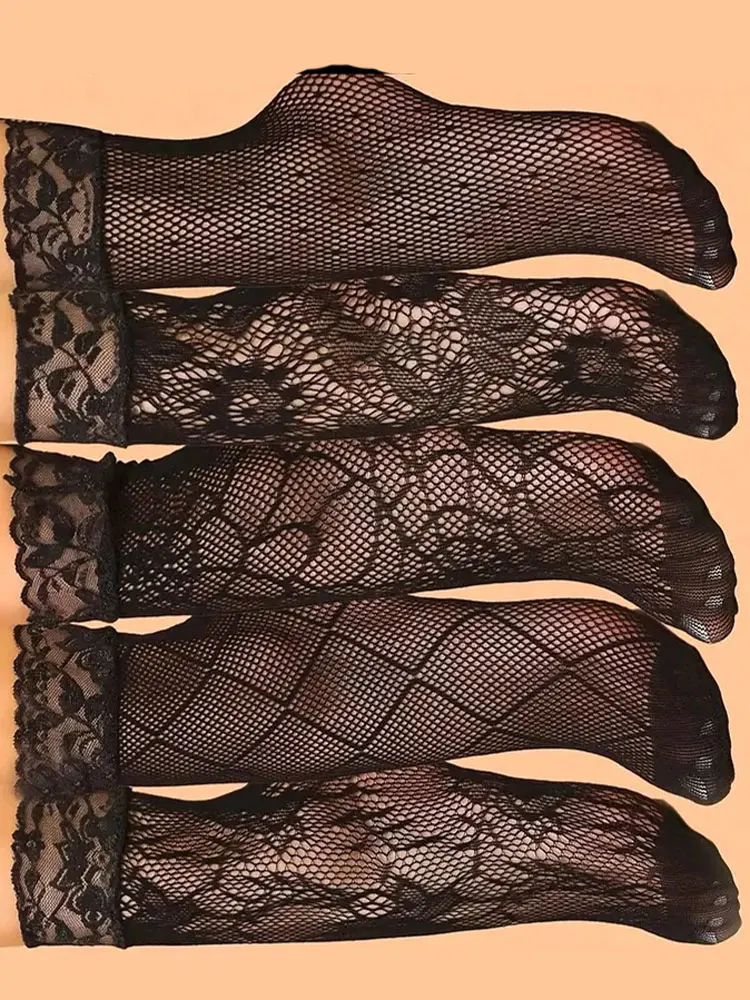 5 زوج/مجموعة المرأة الرجعية القوطية الصيف الأسود الدانتيل أعلى الأزهار شبكة صيد السمك الكاحل الجوارب سيدة الأسود النايلون قصيرة جوارب الدانتيل