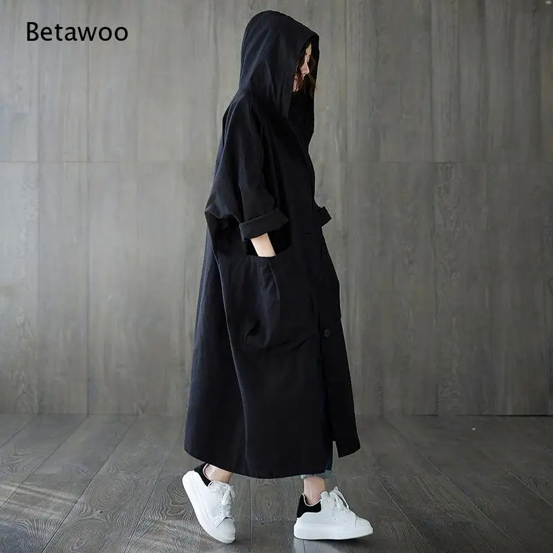 Hooded Oversized Long Trench Coat Big Pocket Loose Fit Commuter Wind Outerwear for Women