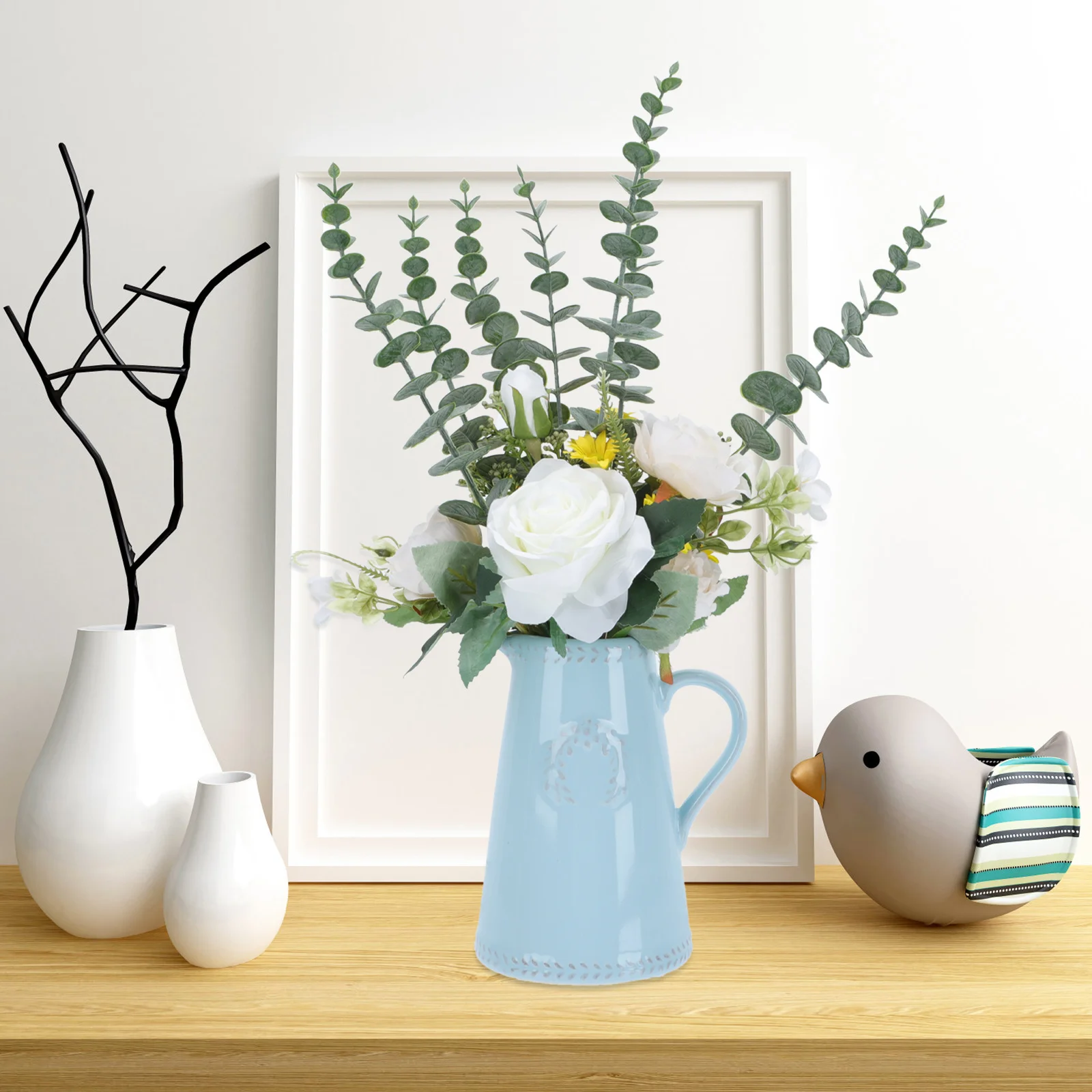 

1Pcs Blue Ceramic Flower Vase Mediterranean Style Exquisite Decorative Flowerpot Suitable for Home Office Study Room Floral