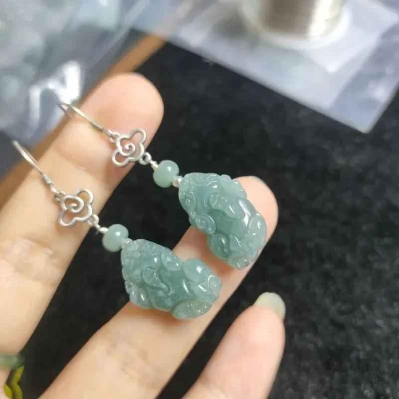 925 Silver Inlay Burmese Emerald Jade Blue Water Pixiu Earring Ring Beads Natural Green Adjustable Women Jewelry Customized