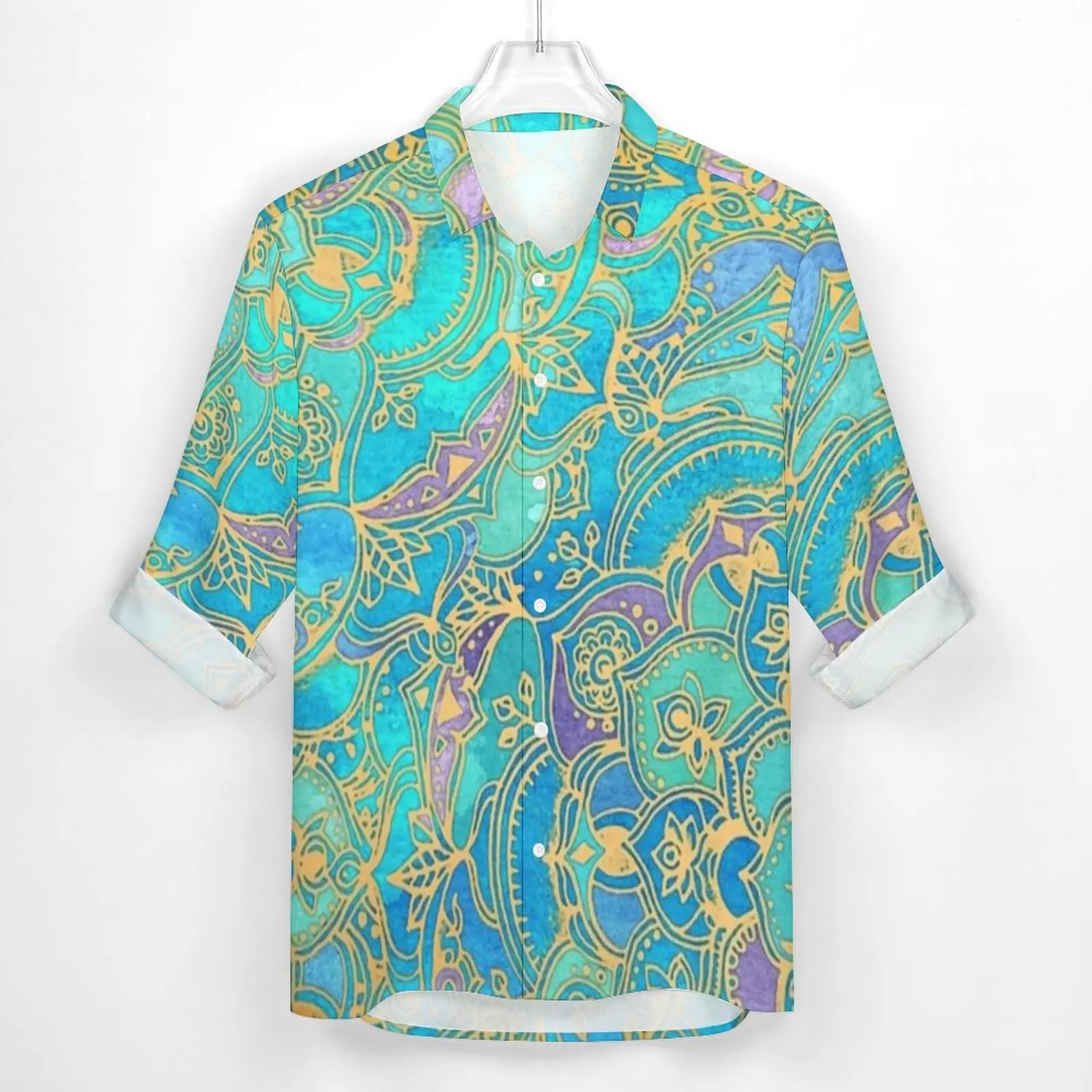 Metallic Gold Retro Casual Shirts Male Boho Mandalas Shirt Long Sleeve Cool Y2K Blouses Spring Custom Clothes Plus Size