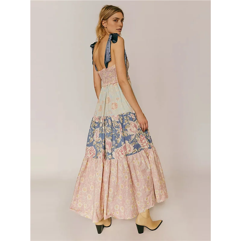 CGS-Donna floreale Boho Vestito estivo con cravatta sulla spalla Smocked Patchwork Abiti maxi fluidi con tasche Estate Autunno