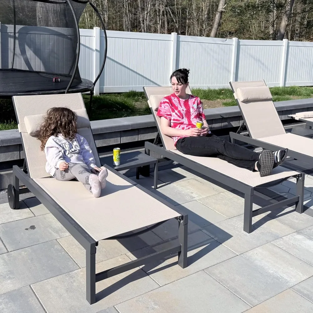 

Patio Lounge Chair Set of 3 Outdoor Chaise Lounger Aluminum Frame with Side Table and Wheels for Pool Outside Sunbathing Tannin