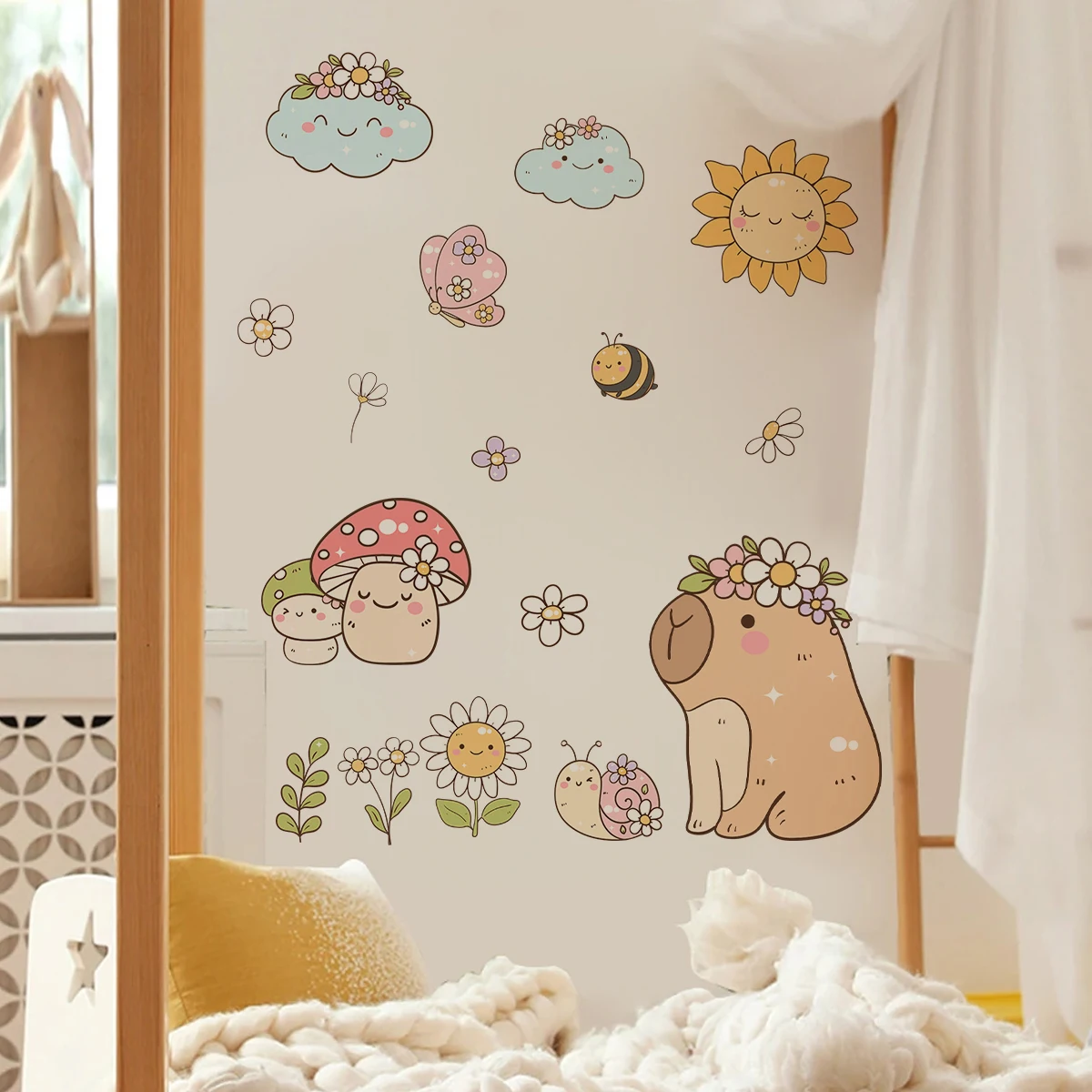 Cartoon Cute Brown Capybara Butterflies Rainbow Watercolor Wall Sticker Child Room Wall Art Decal Kids Room Living Home Decor view 5