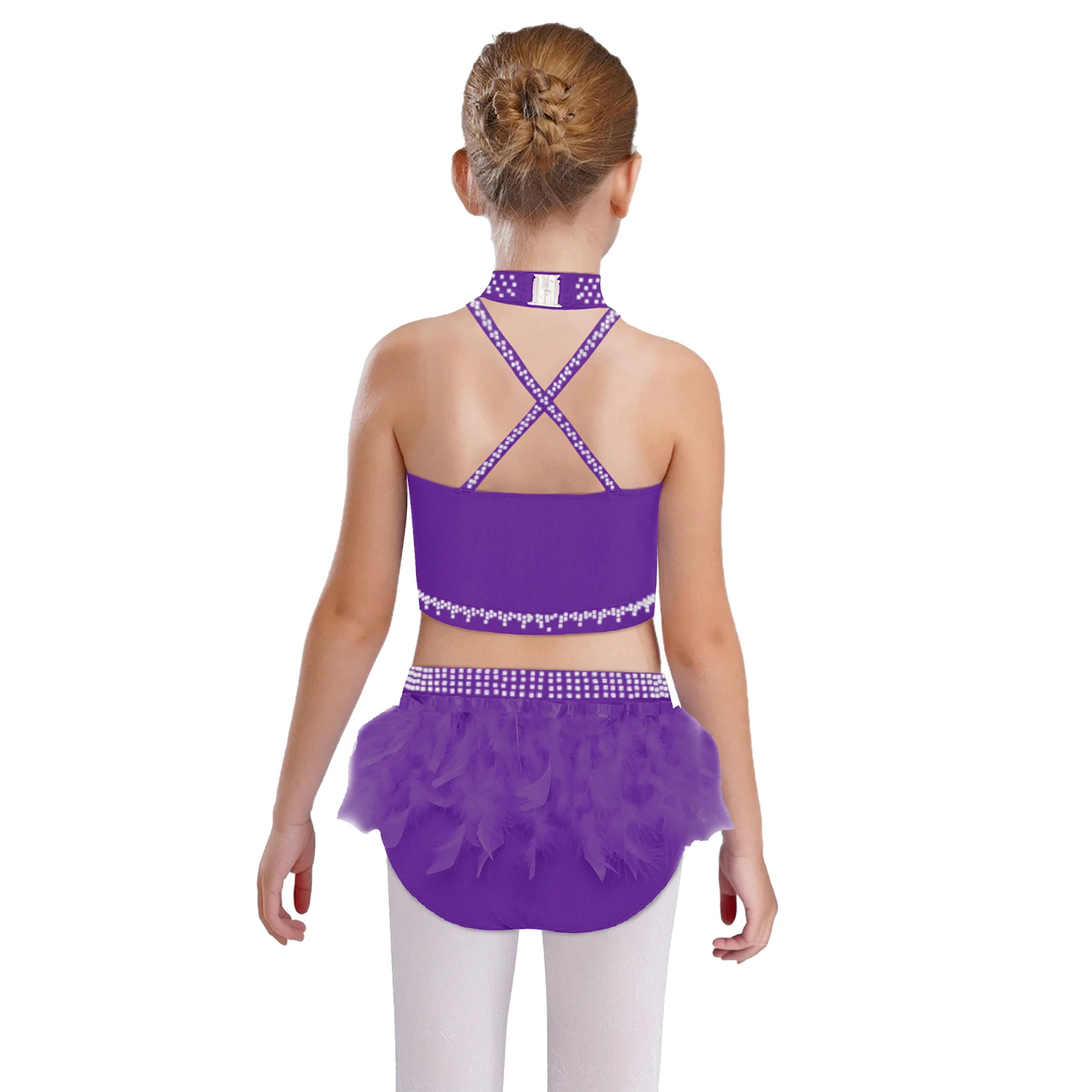 Tenue de patinage artistique pour enfants filles, Costume de gymnastique de Ballet de danse latine Jazz, haut court sans manches avec strass et slip en plumes