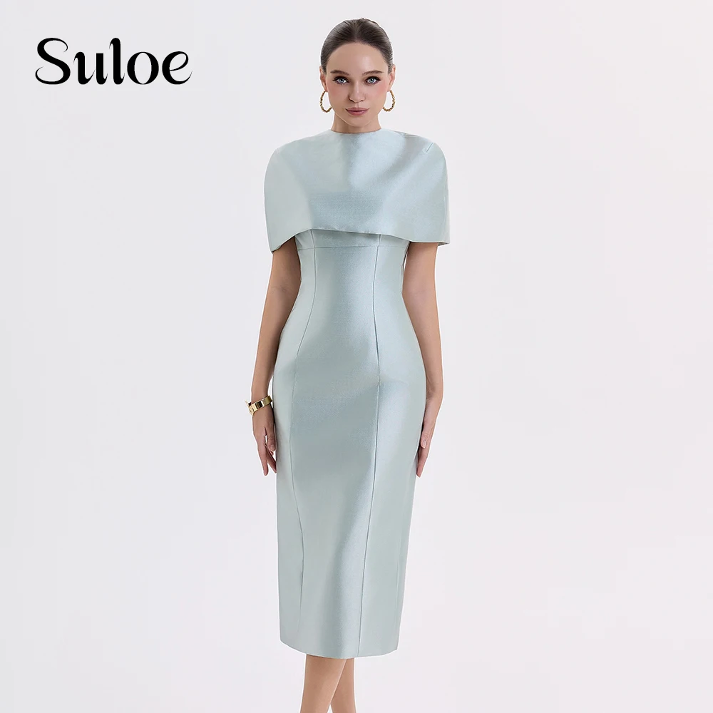 Suloe Spaghetti Strap Satin Midi Cocktail Dress Back Split Formal Party Gown With Detachable Matching Cape Customized
