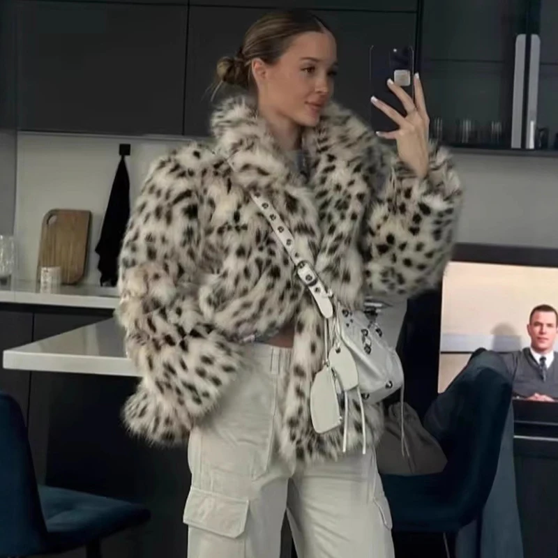 ترينديكس فو الفراء ليوبارد طباعة معطف للنساء شتاء جديد دافئ كم طويل سترة سترة موضة الشارع ملابس خارجية غير رسمية