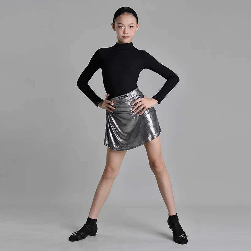 ใหม่ชุดเต้นรำละตินหญิงสีดำคอสูงบอดี้สูทกระโปรงสีเงินเด็กการปฏิบัติงานการแสดงสวมชุดเต้นรำละติน VBH2279