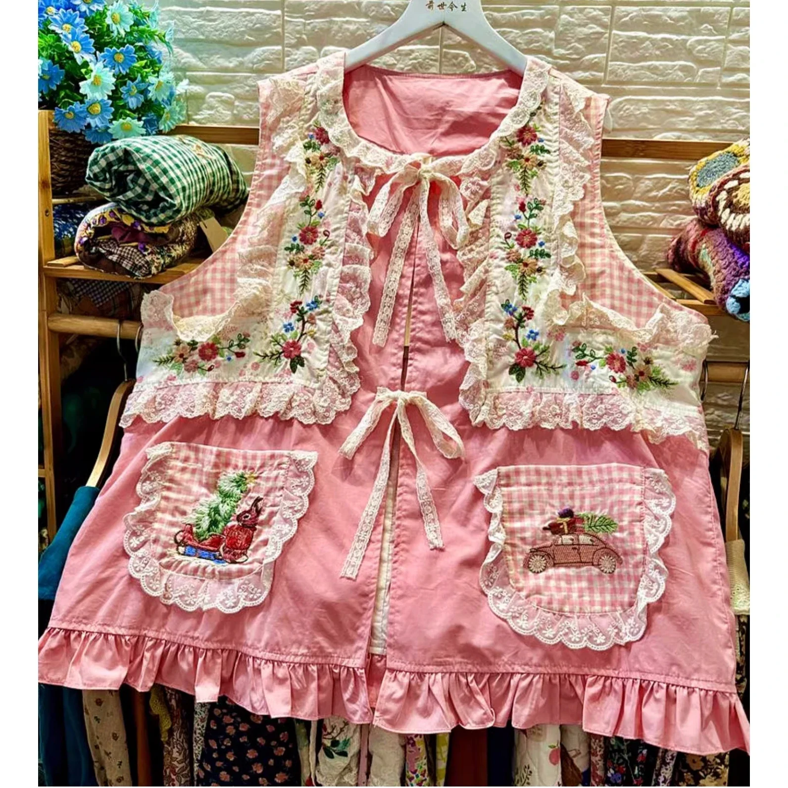 

Rococo Women Sweet Floral Embroidery Cotton Patchwork Ruffled Lace Vest Vintage Lolita Kawaii Cute Cottage Core Harajuku Vest