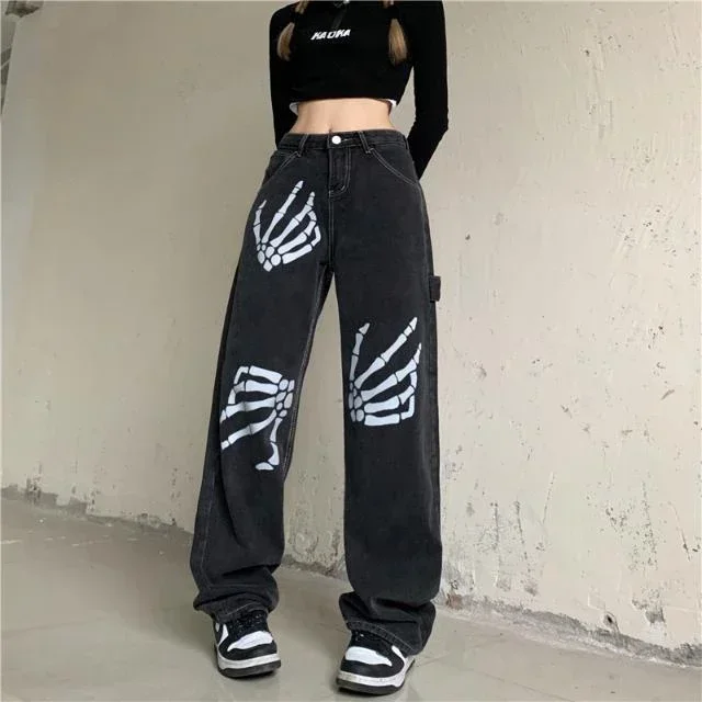 Najlepiej sprzedające się Retro ręka z czaszką dżinsy Streetwear Baggy Slouchy Jeans odzież damska Y2k wysokiej jakości luźna prosta szeroka nogawka