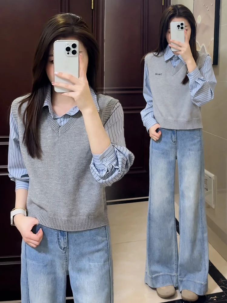 Pull tricoté amincissant pour femme, ample, Long, Sve v-ne, une pièce, faux ensemble deux pièces, nouvelle collection automne