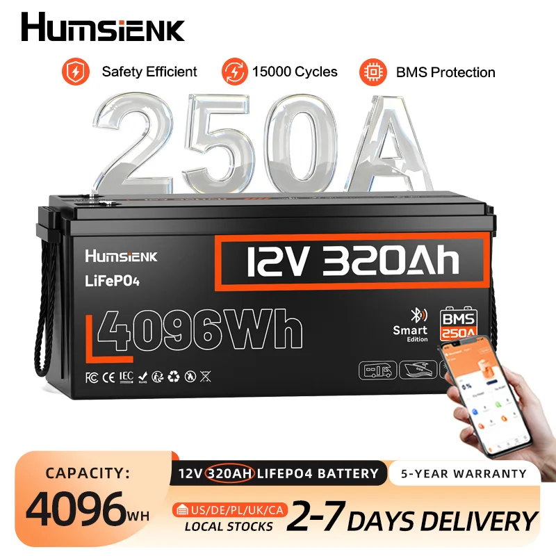 

Аккумулятор Humsienk 12V 300Ah (320Ah) LiFePO4 с BMS 250A и Bluetooth, перезаряжаемая литиевая батарея для солнечных систем, гарантия 5 лет
