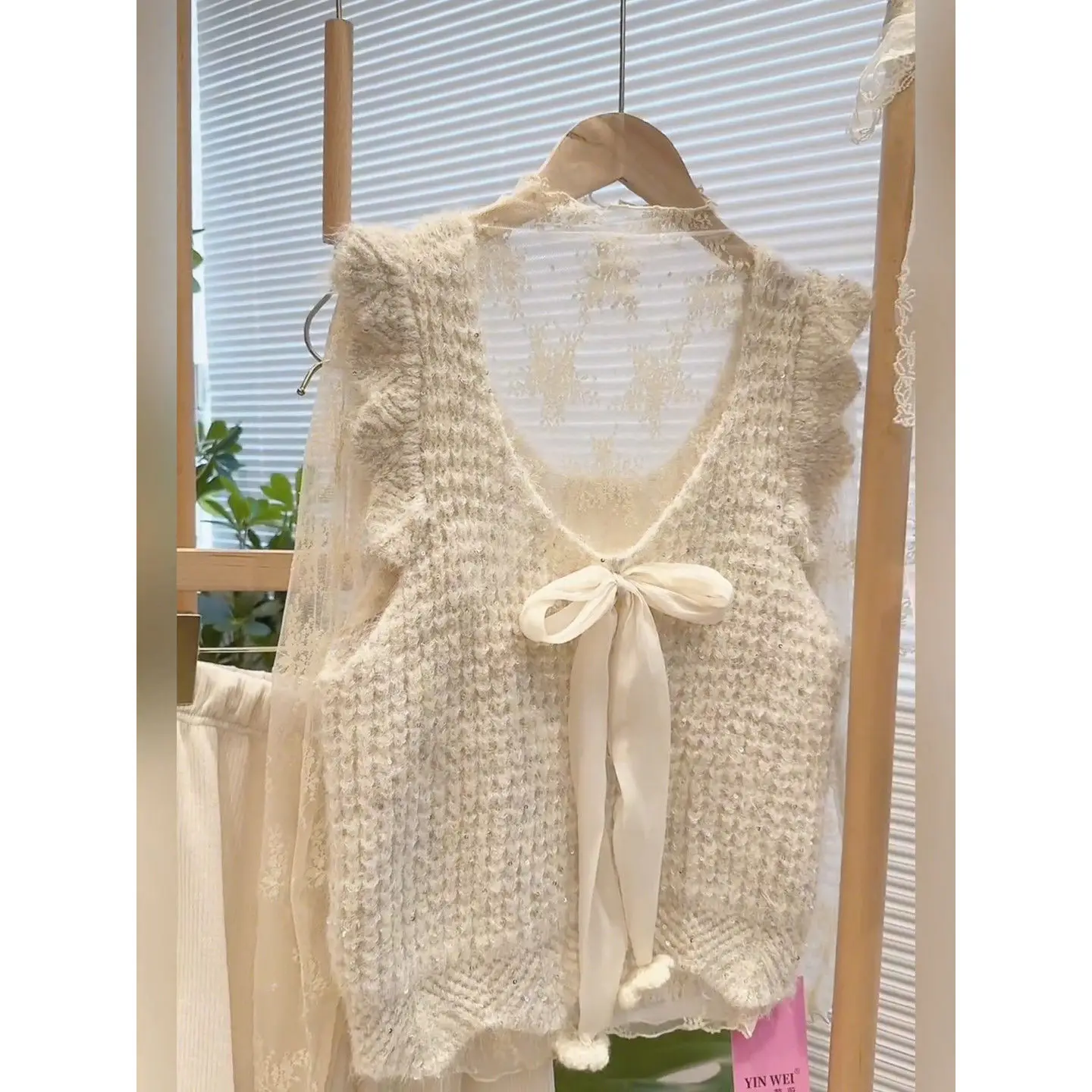 

Вязаный жилет без рукавов с бантом, осень 2022, новый корейский стиль, утягивающий темпераментный свитер, жилеты, трикотаж, кавайная одежда