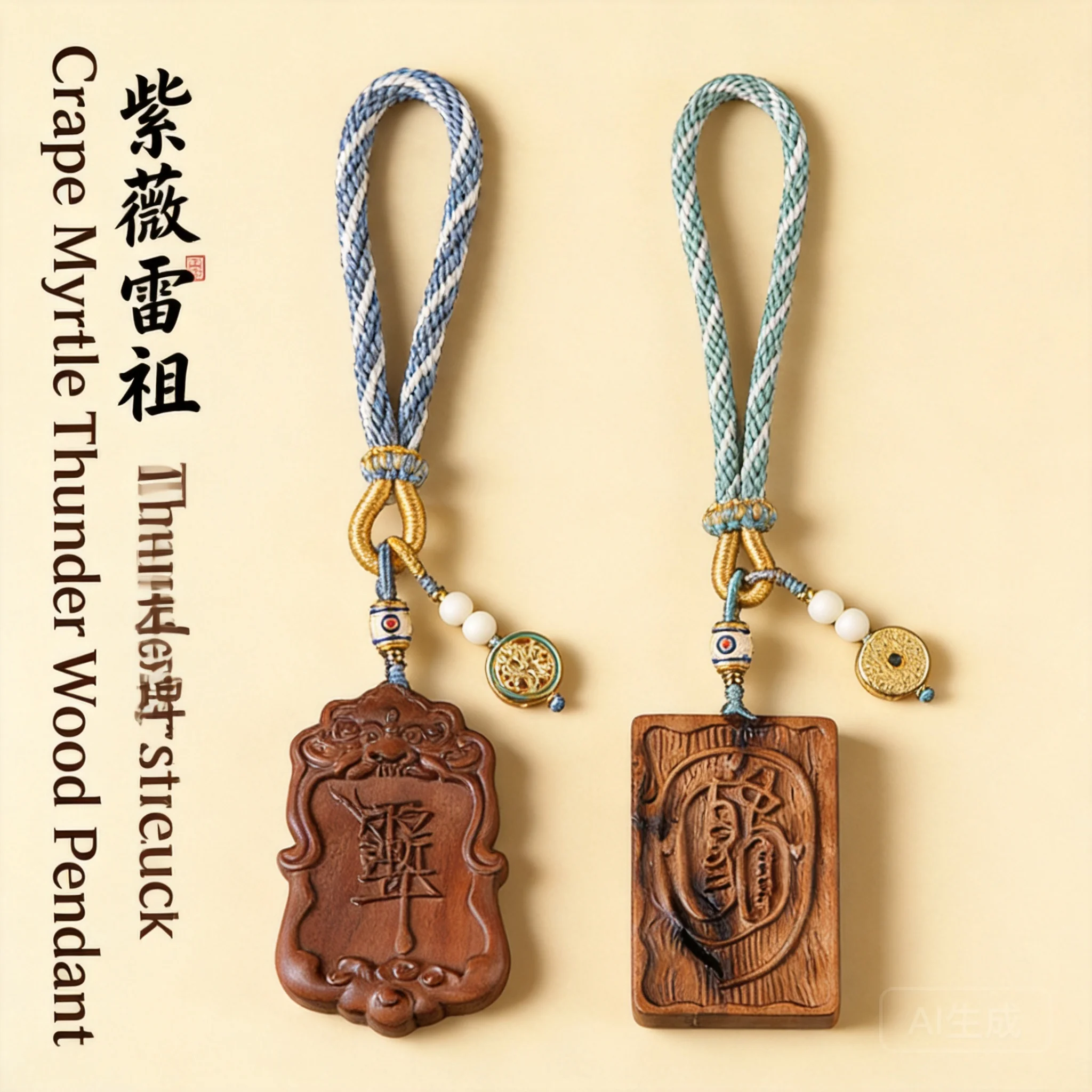 Traditional Chinese Style Hand Carved Thunder Struck Jujube Wood Pendant Taoist Golden Light Mantra Zi Wei Talisman Good Luck
