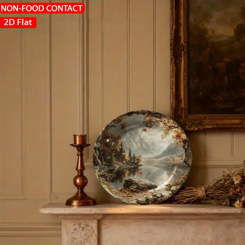 1pc Retro Golden Ceramic Plate - Elegant Circular Mountain Landscape Plate Suitable for Home Desk Decor, Non-Food Contact