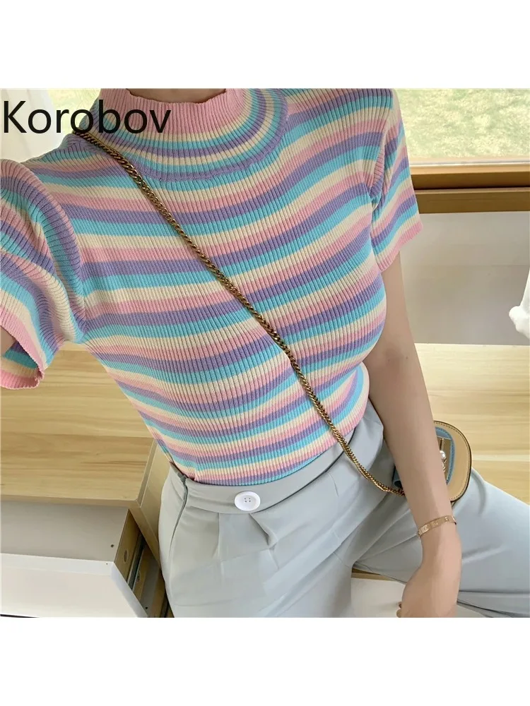 Korobov New Arrival Summer Women T-Shirt Korean Colorful Striped Crop Top Tee Harajuku Streetwear Stand Collar T Shirts 78190