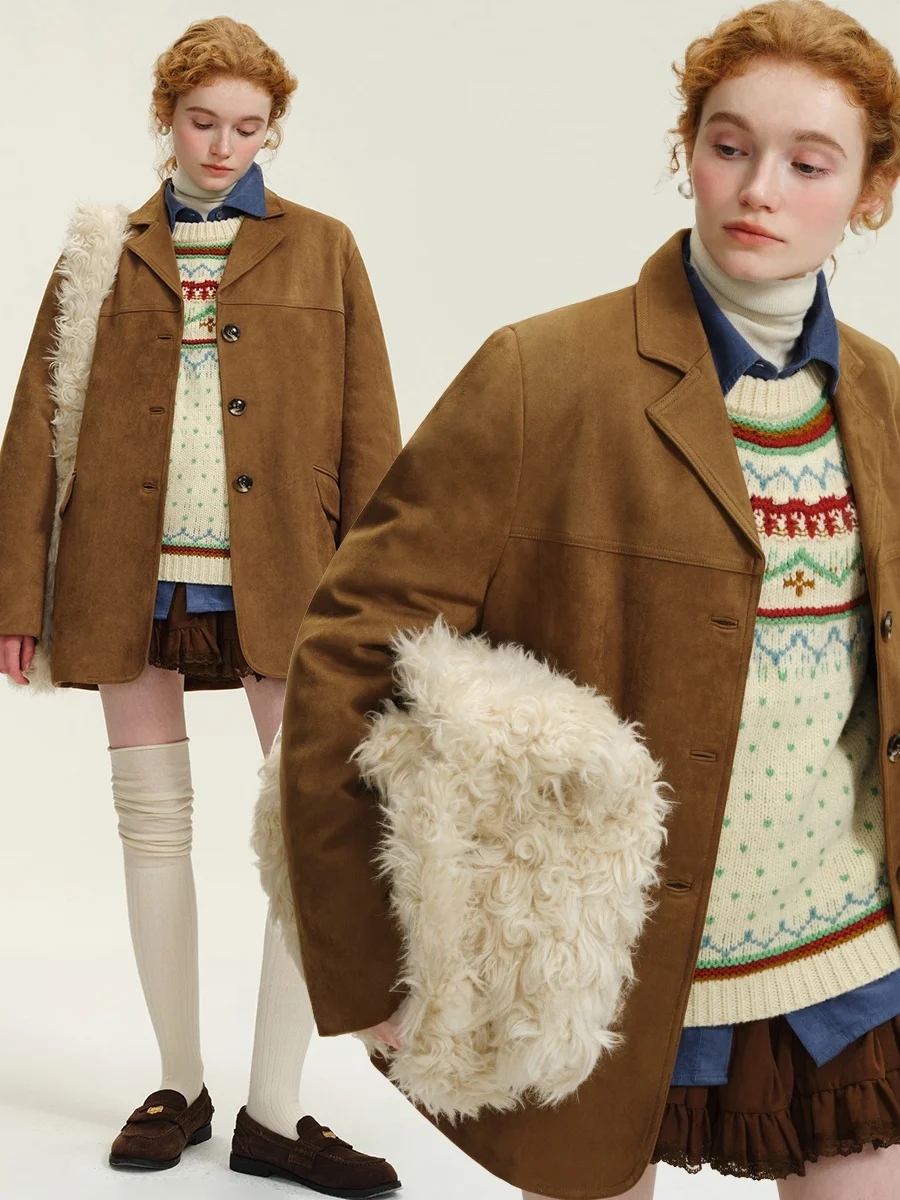 

plus Suede Duck down Jacket 26 Winter Mid-Length Notch Collar Suit Style Women's Commute Fashion Warm Long Sleeve