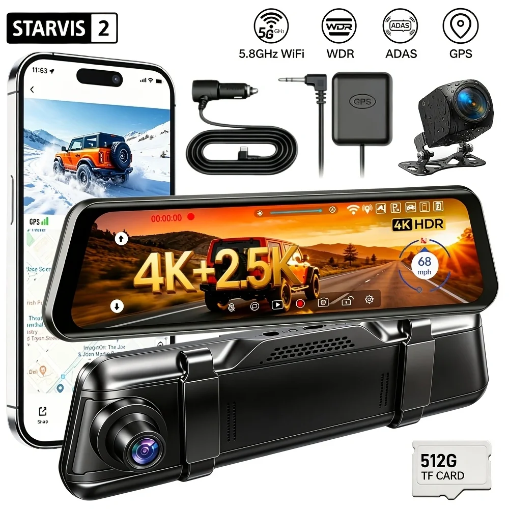 4K+2.5K Smart Rear View Mirror Dash Cam, with IMX678 Sensors And 5.8G Wifi, GPS Mirror Dash Cam, with ADAS Blind Spot Detection, Super Night Vision, Loop Recording, Parking Assist, 512G Card, APP Control, 24H Parking, with 10-Inch Touch Screen