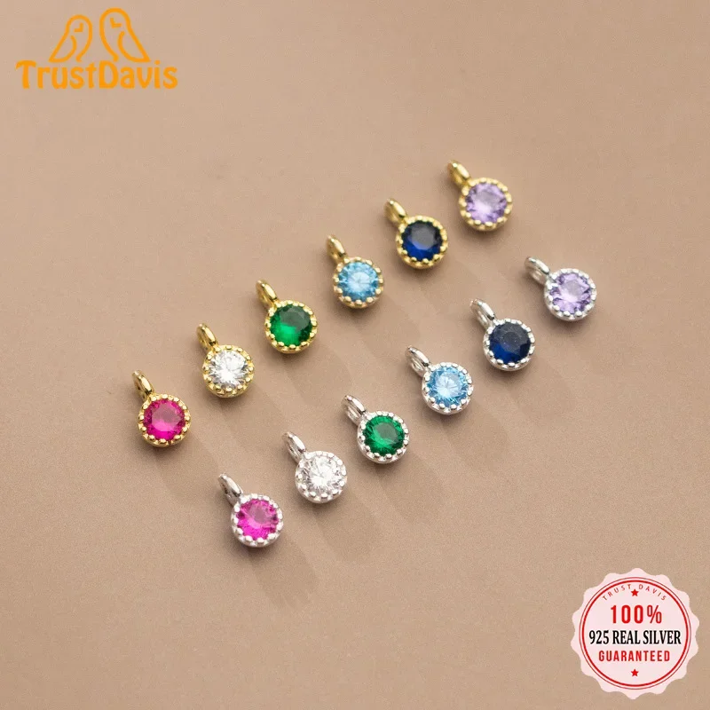 TrustDavis Echt 925 Sterling Silber Süße Runde Farbe CZ Charms Anhänger Für Armband Halskette DIY Zubehör Feine Schmuck HY294