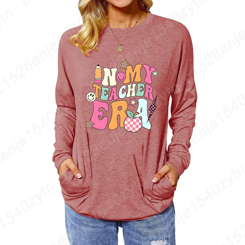 

Women's Long Sleeve Round Neck Blouse With Pocket In My Teacher Era Print Solid Color Pullover Autumn And Winter Soft Sweatshirt