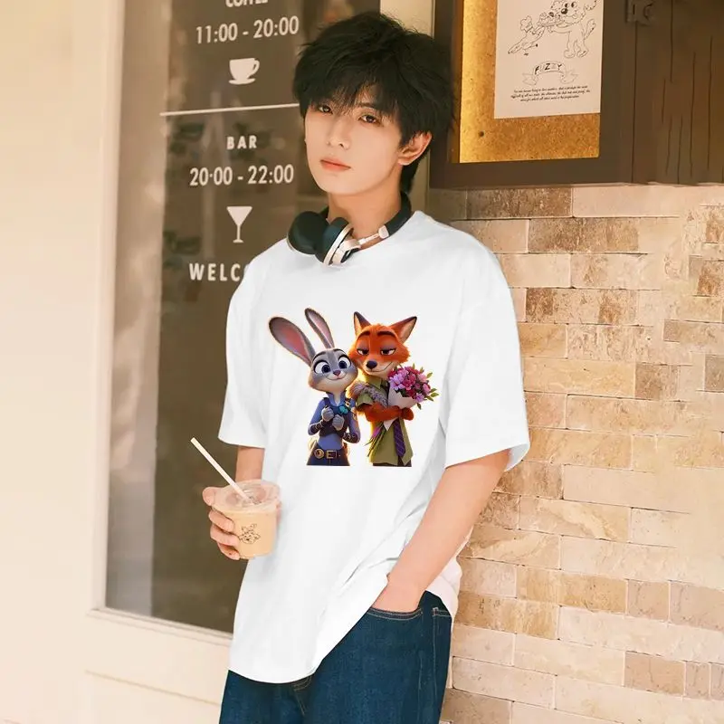 Zootopia جودي هوبس نيك وايلد أنيمي زوجين 2025 صيف جديد عادية تي شيرت للنساء الشارع موضة الكرتون طباعة ملابس علوية من القطن