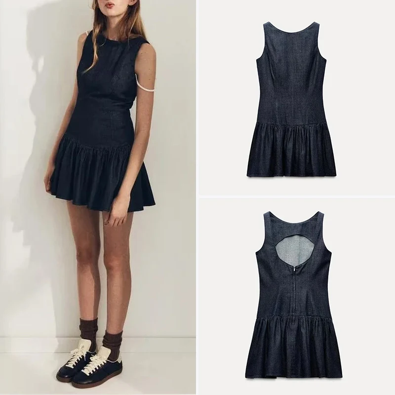 Z feminino Faionable Denim Effect ort Dr Spring New Sle Decoração em camadas Dr Fibra de poliéster