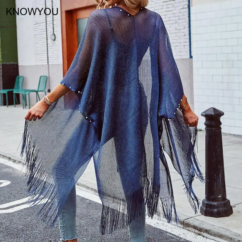 2025 สวมใส่ดูผ่านชุดว่ายน้ํา COVER-UPS บิกินี่ Beach COVER UP เซ็กซี่ตาข่าย SHEER SHINY ถักเสื้อชายหาดสําหรับสตรี