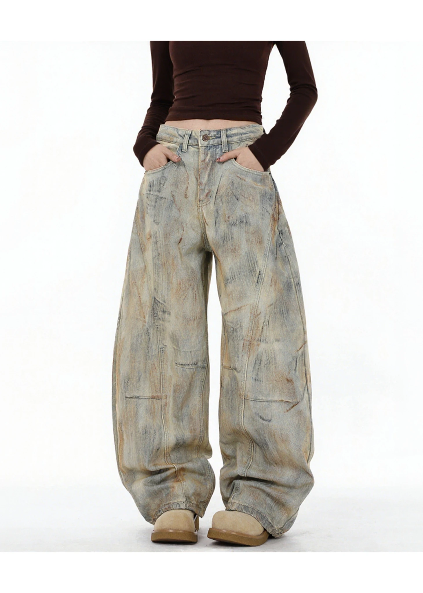 

CHIC Dirty Painted Men's Jeans American Retro High Waist Casual Girls Denim Pants Boyfriend Female Trendy Harajuku Street Bottom