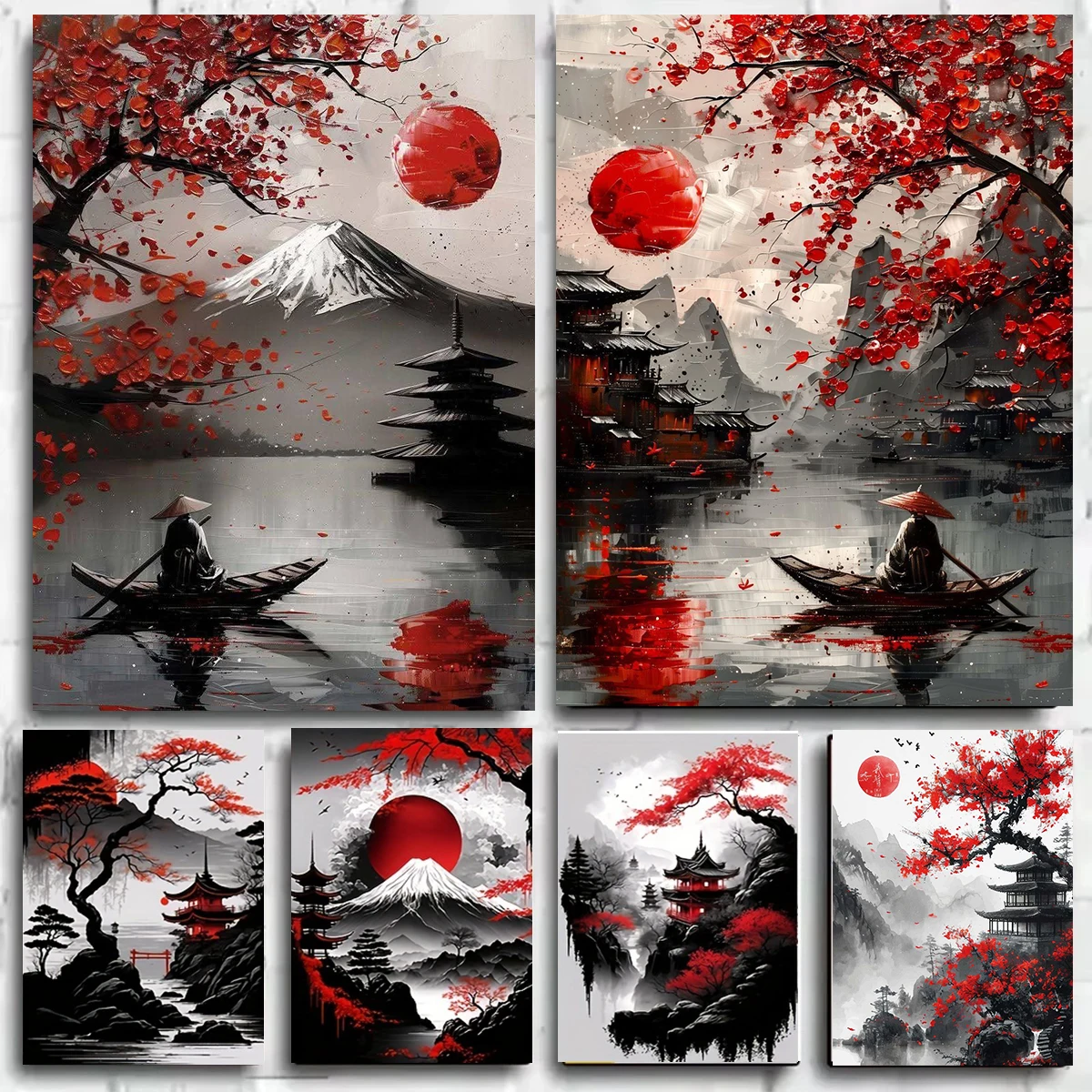 Japanese Red Maple Fuji Mountain Canvas Wall Art Set, Zen Landscape Pagoda Boat Print, Living Room Home Decor