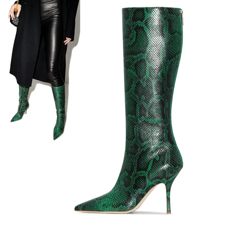 

Green Python Leather Knee Boots Pointed Toe Snakeskin Stiletto High Heel Knight Boots Woman Street Style Long Boats