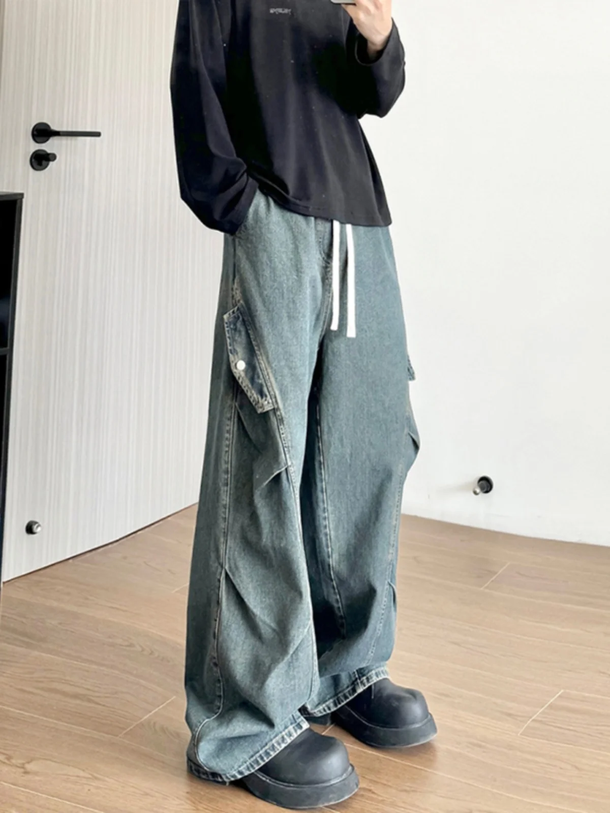 

American Decosition Knife Jeans Men's Trendy Heavy-Du Waed Flared Pants High Street Vibe Workwear Straight Leg Pants