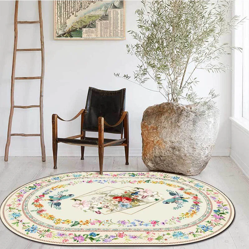 Chinese Carpet Livingroom Flower Bird Pastoral Style Oval Rug Carpet For Bedroom Bedside Area Rug Non-Slip Irregular Shape Rugs