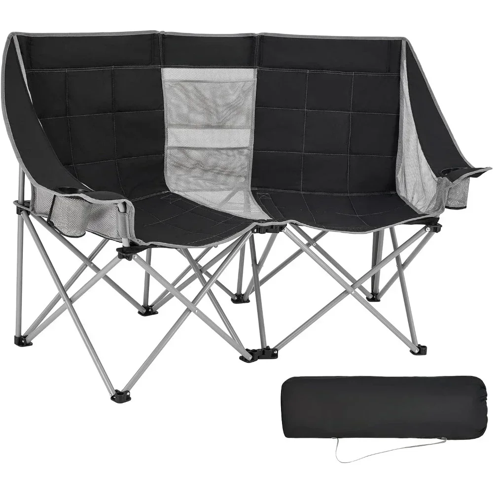 Two-seater Sofa Outdoor Chair Oversized Tandem Camping Chair for Outdoor Picnic Beach Trips Portable Folding Chairs Black/grey