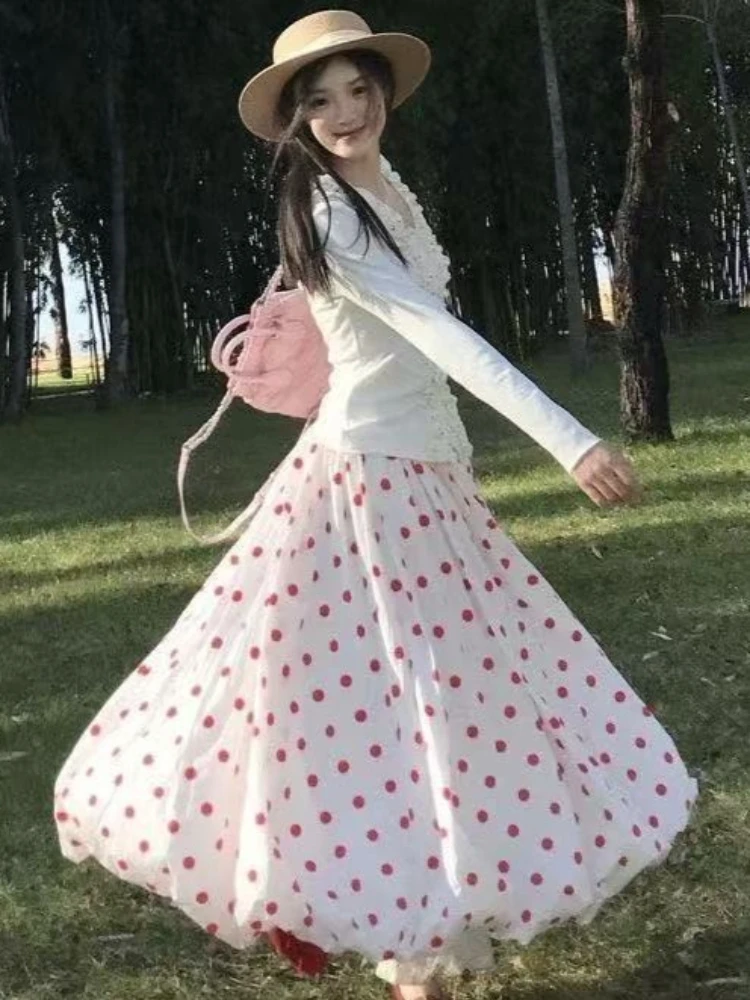 

Японская длинная юбка в горошек с цветочным узором, весенняя, шикарная, кавайная, пышная, в стиле феи, новый дизайн, модная одежда в стиле Харадзюку 2026