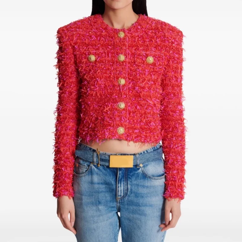 

Fall 2025 Women's Metal Buckle Thickened Knit round Neck Short Jacket Y2K High Street Fashion Shoulder Pad Crop Coat