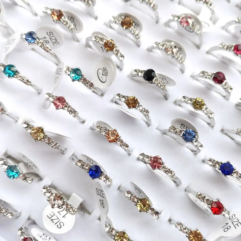 10pcs/Lot Shiny Crystal Silver Color Rings For Women Mix Style Colorful Rhinestone Female Wedding Engagement Jewelry Gift