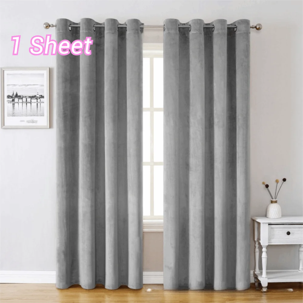 Light-blocking Velvet Curtain Soft Texture Touch Solid Color Blackout Curtains Through-rod No Drilling Window Drape Living Room