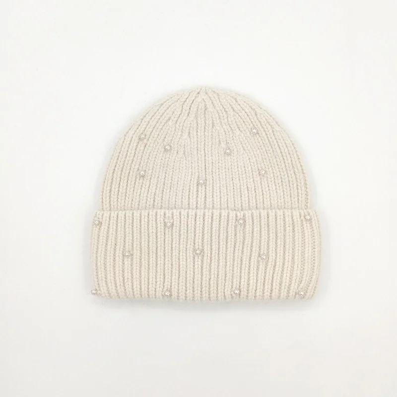 Pearl Rhinestone Rabbit Fur Beanies Fluffy Winter Hat for Women Angora Soft Warm Knitted Hat Beanies Female Bonnet Knit Cap