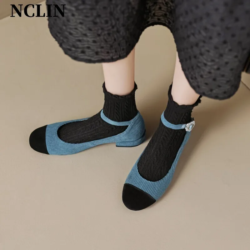 New Spring/Summer Women Shoes Chunky Heel Round Toe Shoes For Women Corduroy Buckle Strap Low Heel MARY JANES Zapatos De Muje