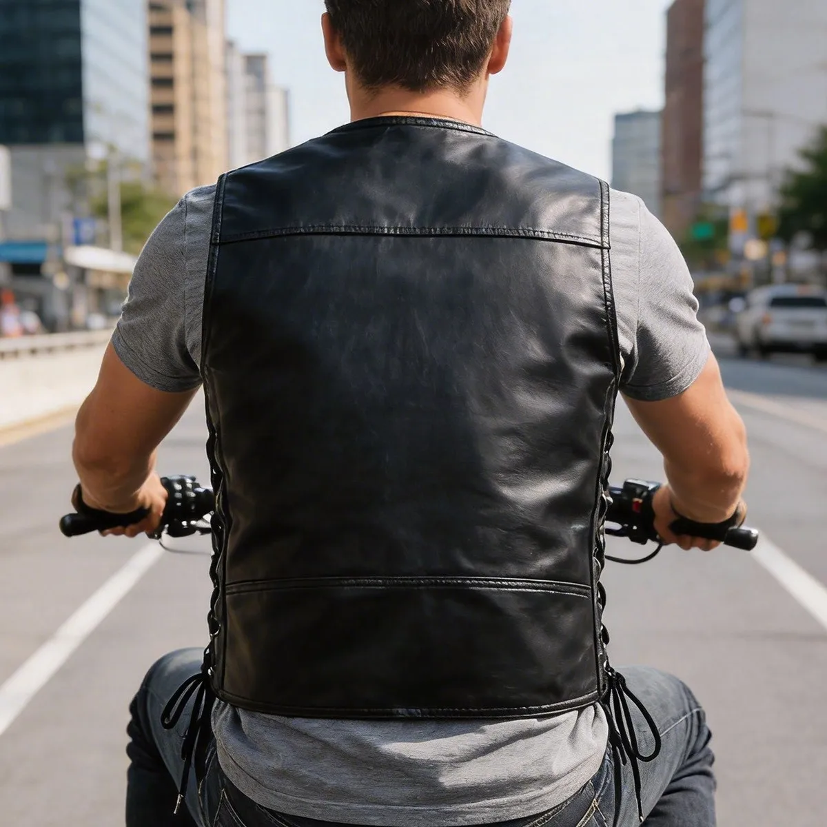 WOSAWE Men's Black PU Leather Motorcycle Vest 7 Pockets Biker Waistcoat Adjustable Side Lace Windproof Riding Vest Streetwear