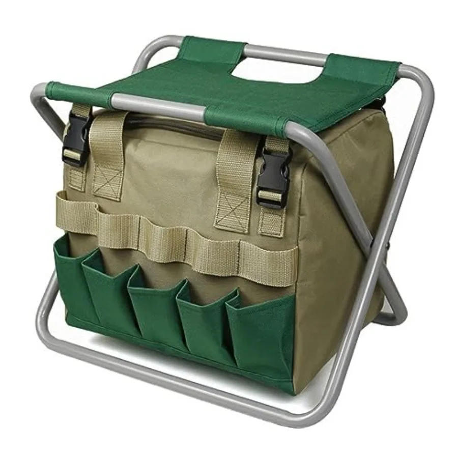 Klappbarer Gartenhocker mit abnehmbarer Aufbewahrungstasche, tragbarer Klappstuhlsitz mit Werkzeug-Set, Organizer, ideal zum Angeln