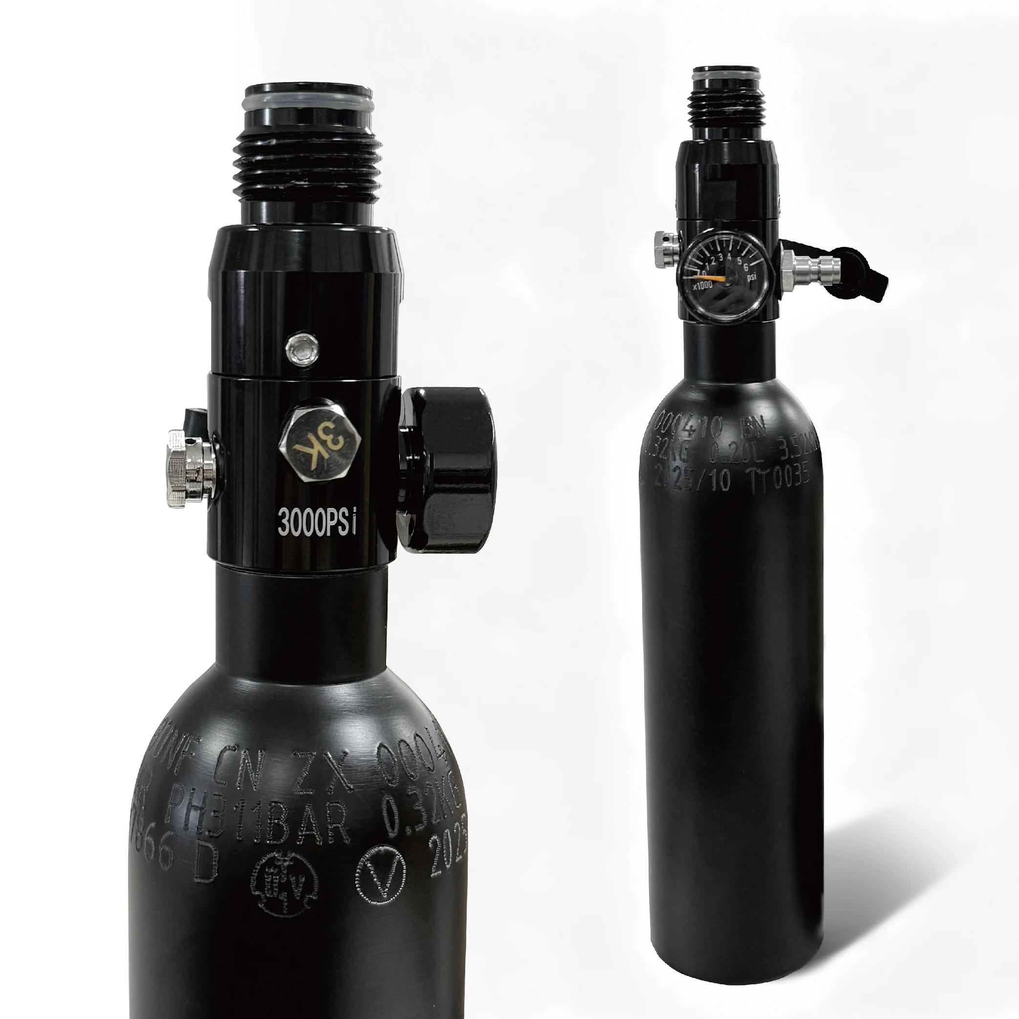 CE 0.2L ISO 0.21L Aluminum Bottle HPA Air Tank With 3000psi Input 800psi Output 5/8-18UNF Inlet And G1/2-14 Outlet Thread