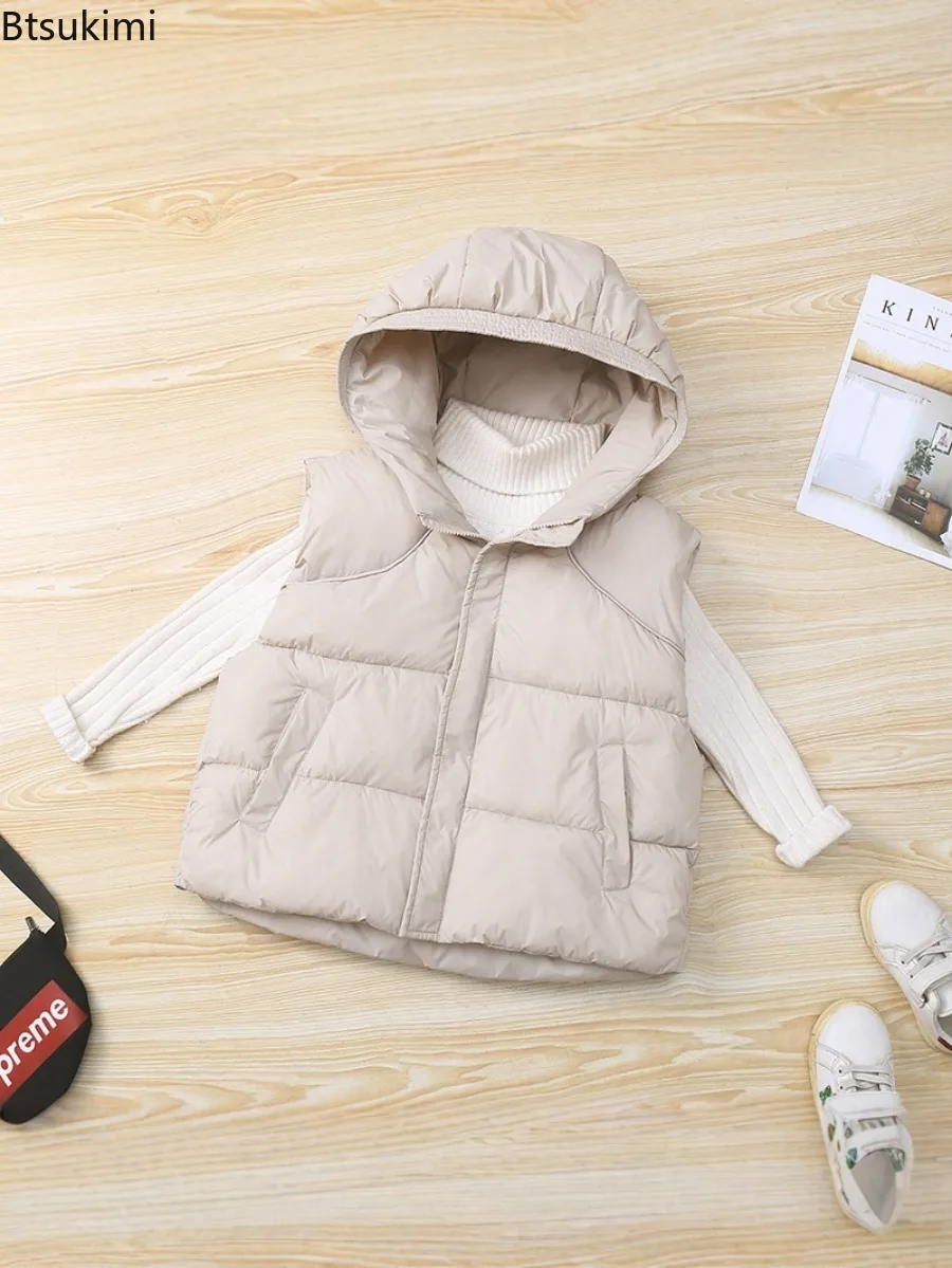 Autumn Winter Boys Girls Warm Vest Hooded Solid Color Waistcoat Round Neck Sleeveless Tops Comfortable Children Clothing 4-12Y