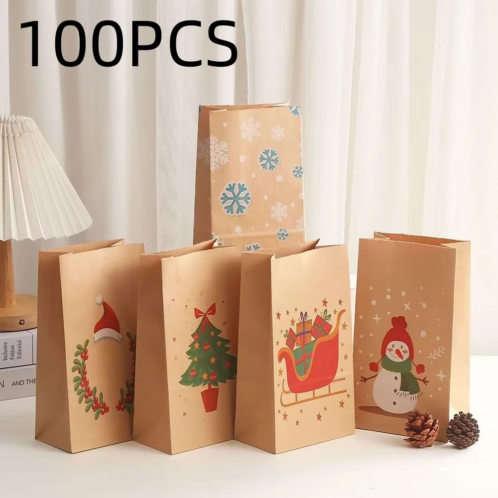 24/100pcs 24*13*8cm Christmas Flat Paper Bags Wedding Party Gift Bags Candy Bread Wrapping Bags Christmas Takeaway Packaging