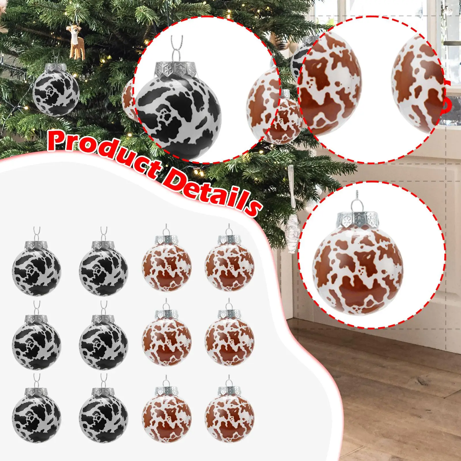 12 قطعة 2.4 بوصة نمط البقرة كرات عيد الميلاد ملحق موضوع غربي