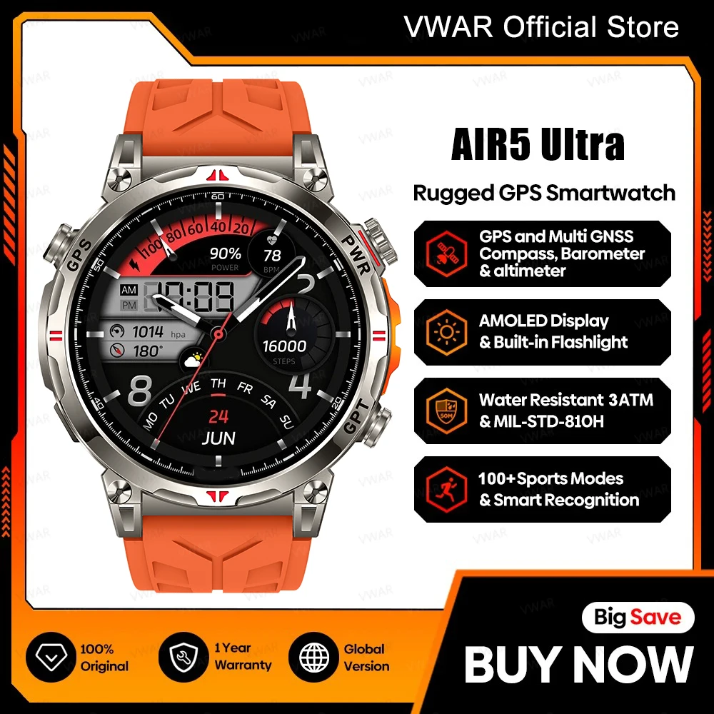 

2025 New VWAR Air5 Ultra GPS Smartwatch 1.56" AMOLED Screen Compass Barometric Altimeter Voice Calling Smart Watch Stratos 4 Pro