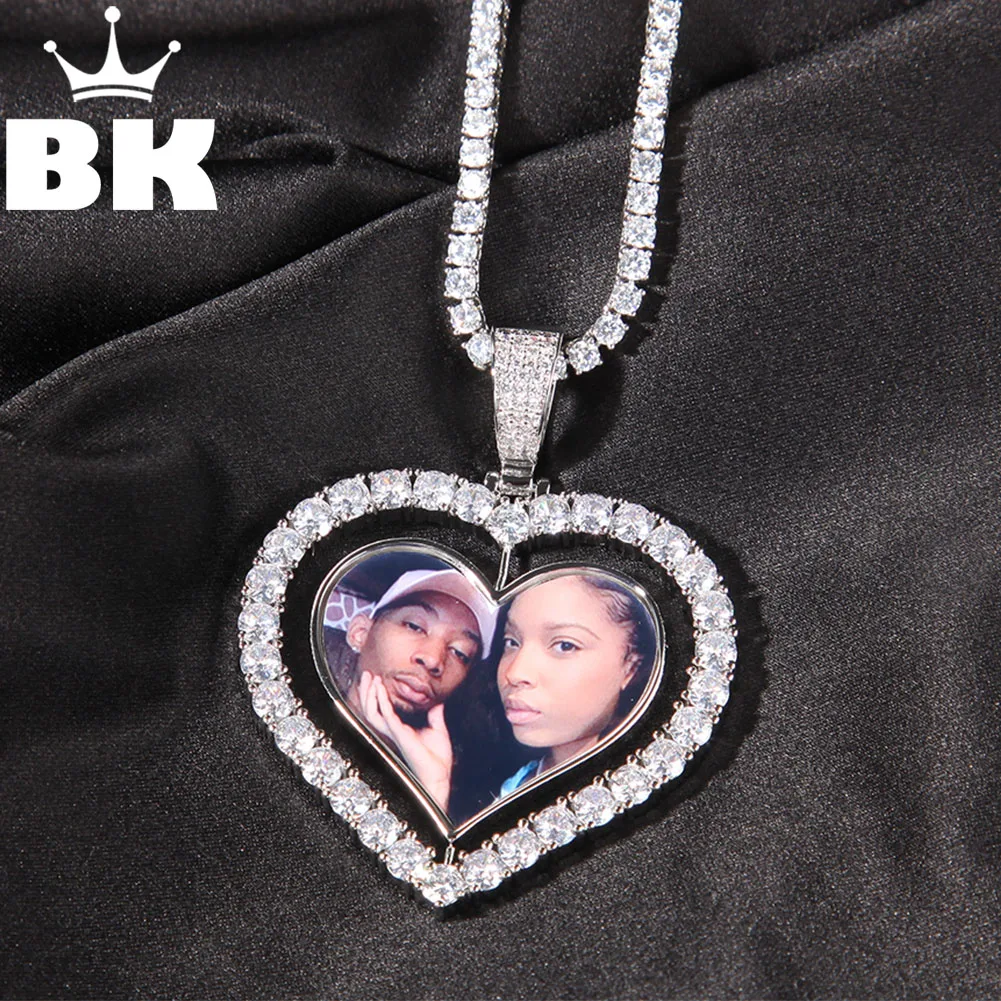 

THE BLING KING Custom Rotating Heart Photo Necklace For Couple Women Men Spinning DIY Double Sides Pictures Memory Jewelry Gift